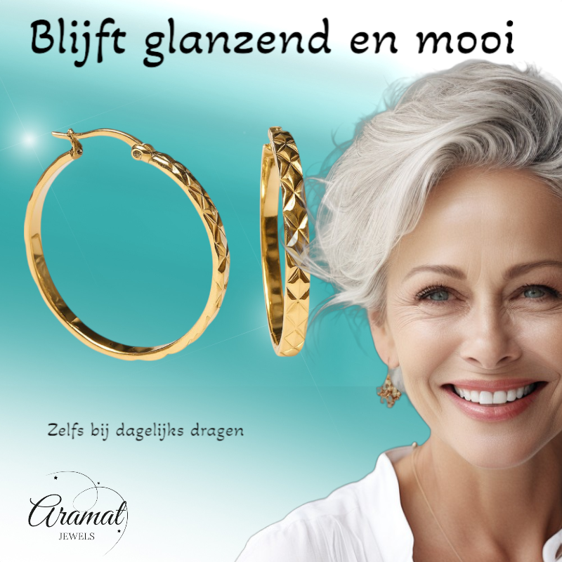 Creolen Ruitjes Goudkleur Staal –35mm