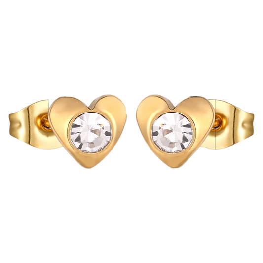 Gold-colored heart stud earrings – transparent crystal 8mm