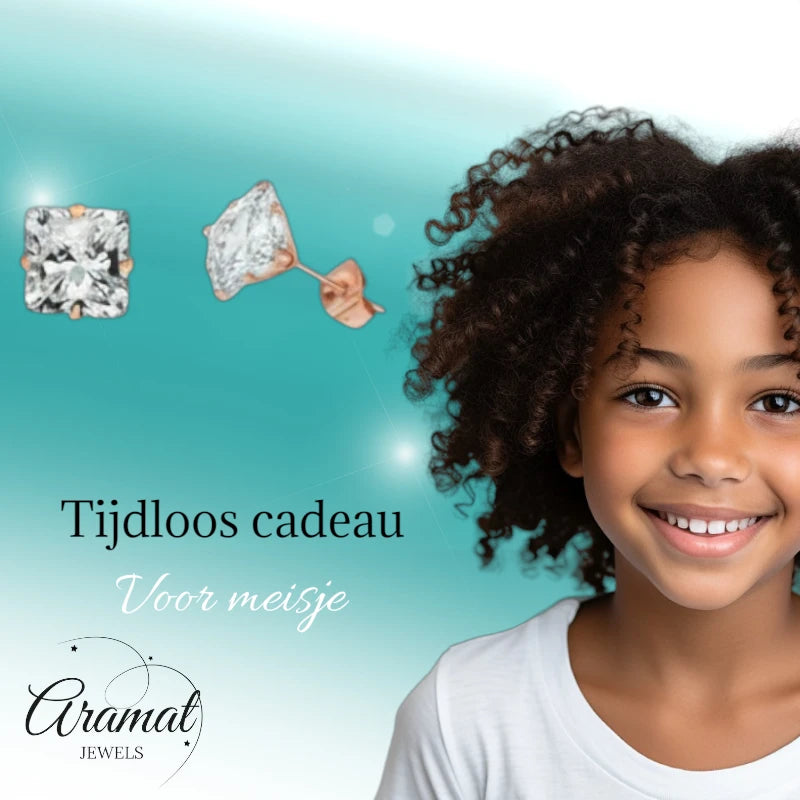 Oorbellen – RVS Roségoudkleur met Vierkante Zirkonia (3mm)