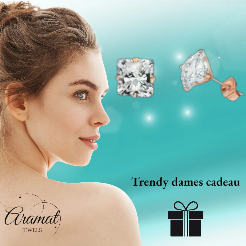 Oorbellen – RVS Roségoudkleur met Vierkante Zirkonia (3mm)