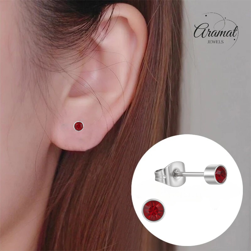 Granaatrood kristal oorstekers – 4mm zilver RVS