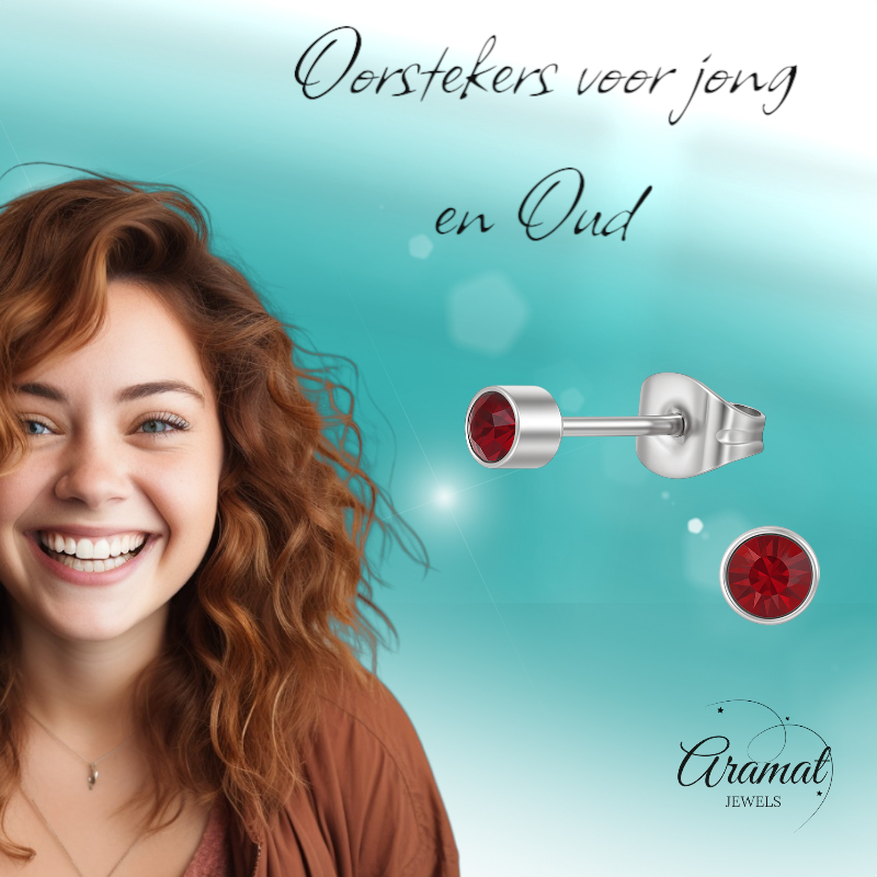 Granaatrood kristal oorstekers – 4mm zilver RVS