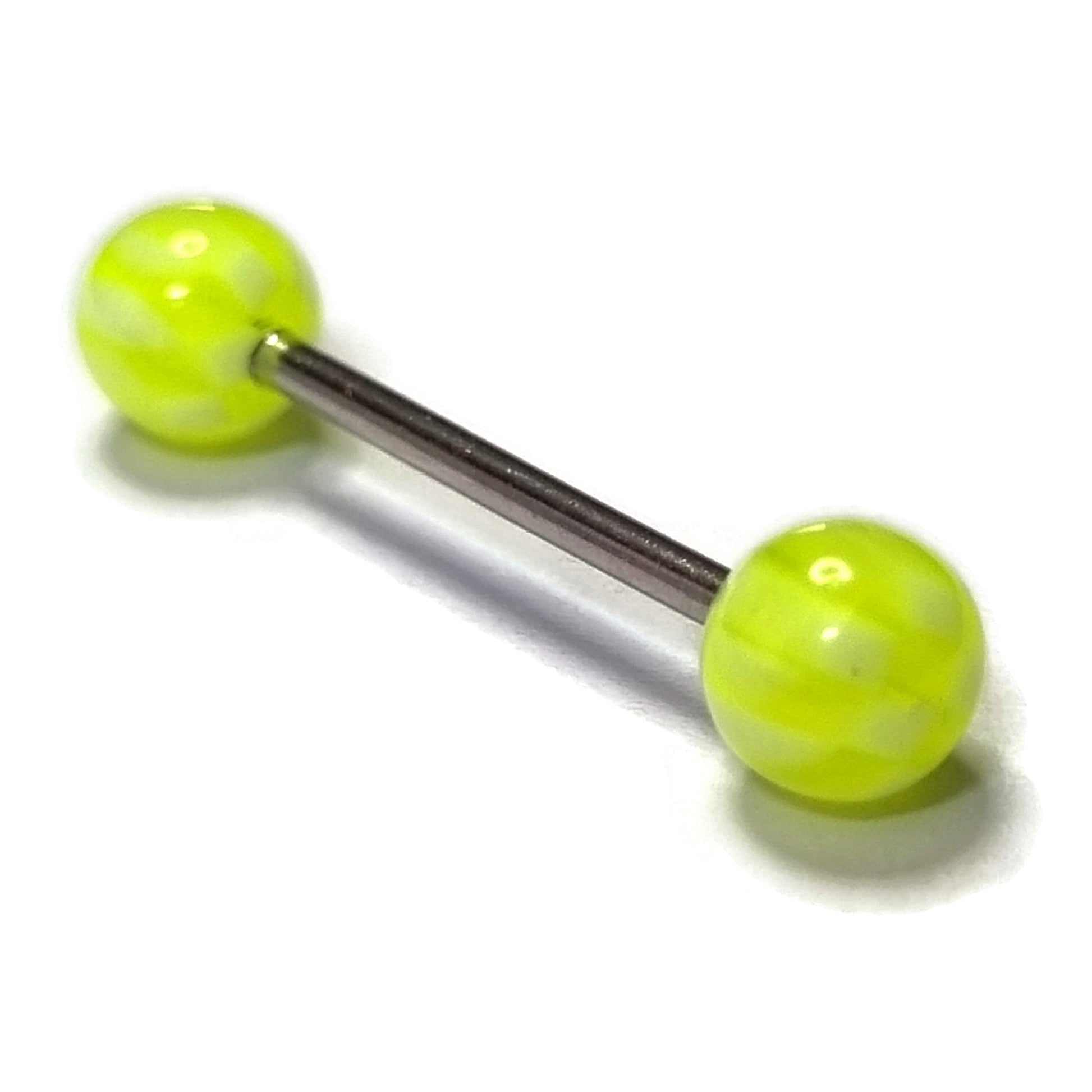 Een Paar Groene Glazen Ballen Op Een Witte Achtergrond - Gestreepte Stalen Tongpiercing