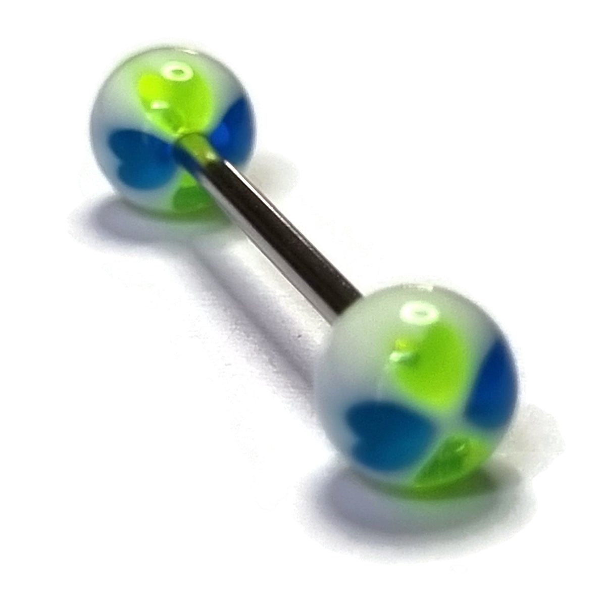 Tongpiercing Acryl Hartjes - Aramat Jewels® Groene En Blauwe Balletjes Op Witte Achtergrond