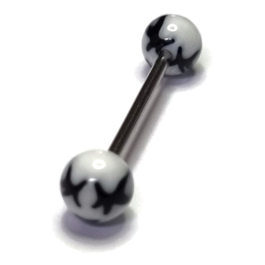 Twee Wit-zwarte Ballen Op Witte Achtergrond - Aramat Jewels® Tongpiercing Met Wit-zwart Gezichtje