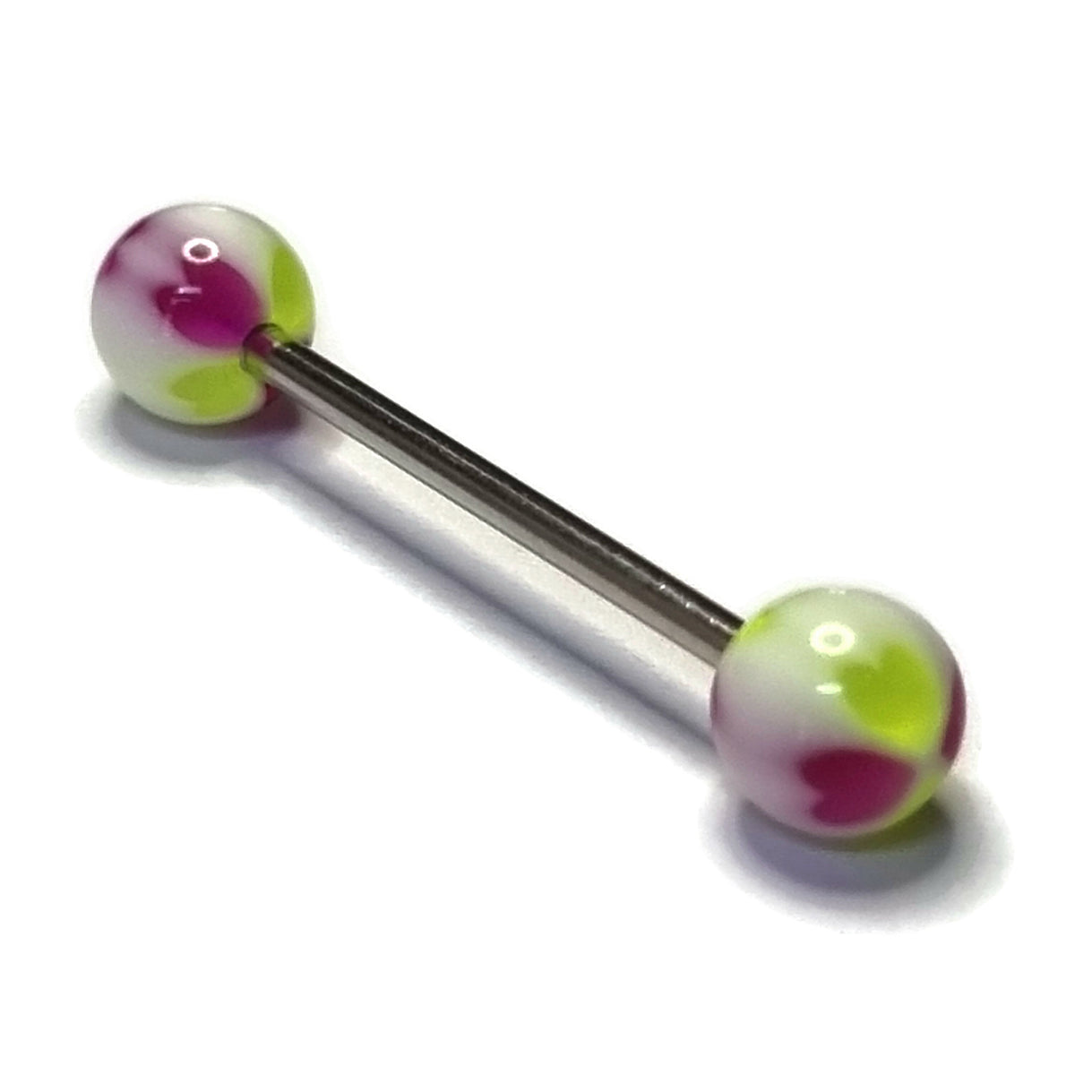 Stalen Acryl Tongpiercing Met Hartjes - Aramat Jewels®: Paarse En Groene Glazen Ballen