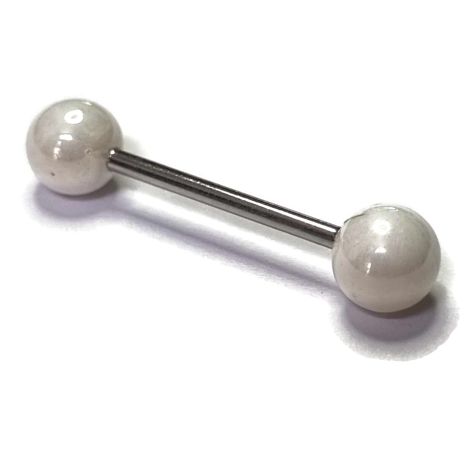 Parel Tongpiercing Chirurgisch Staal 16mm Met Zilveren Ballen Op Een Witte Achtergrond