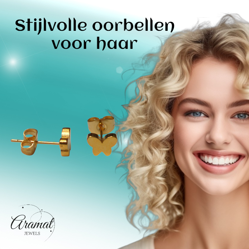 Vlinder oorstekers goudkleur 7x5mm – RVS
