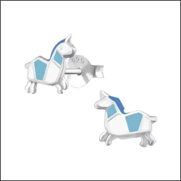 Zilveren Eenhoorn Oorbellen Met Wit En Blauw Paardenontwerp