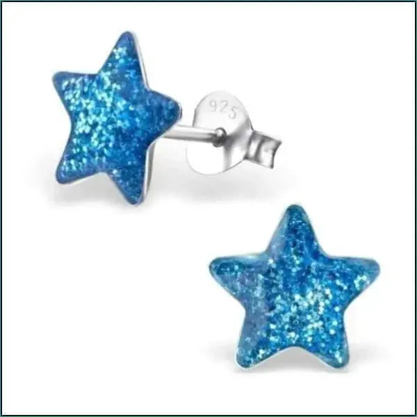 Blauwe Glitter Ster Oorknopjes - Zilveren Oorbellen Glitter