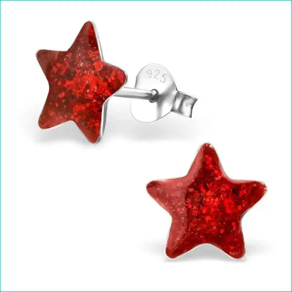 Rode Glitter Ster Oorstekers - Zilveren Oorbellen Glitter