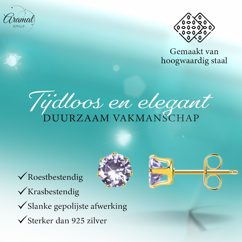 Goudkleurige Zirkonia Oorbellen 6mm Lila