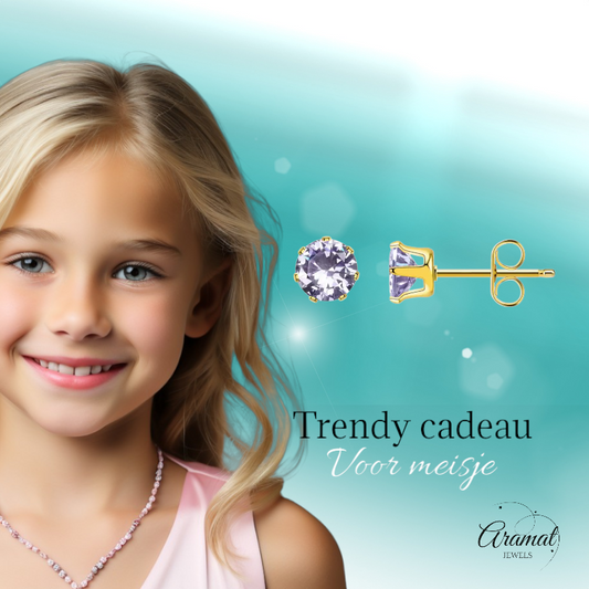 Gold-colored Zirconia Earrings 6mm Purple