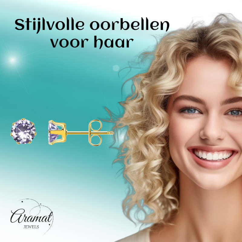 Goudkleurige Zirkonia Oorbellen 6mm Lila