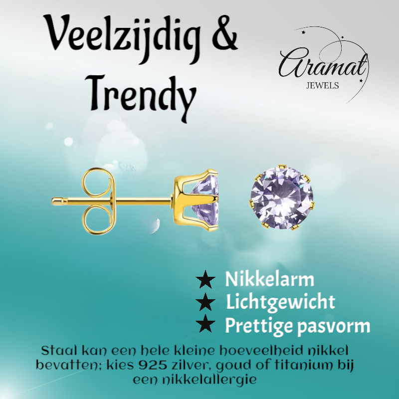 Goudkleurige Zirkonia Oorbellen 6mm Lila