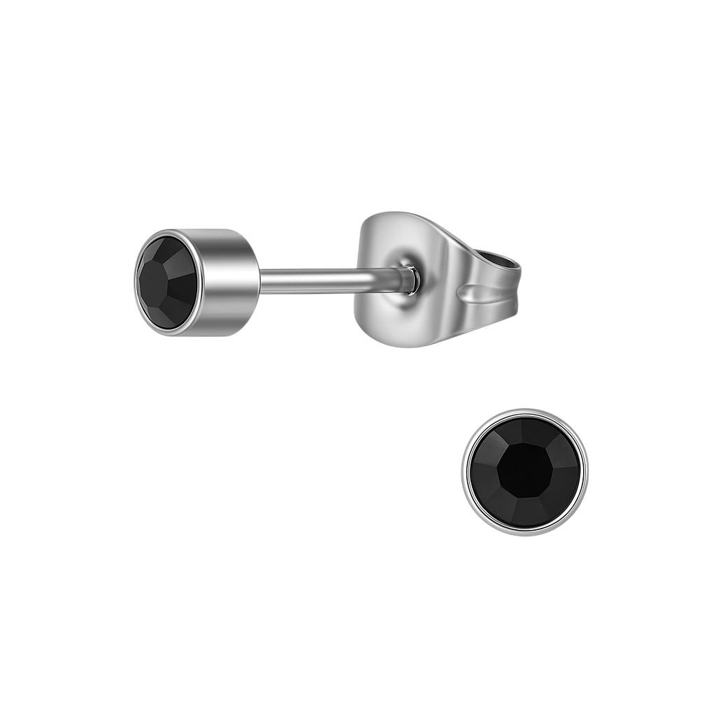 Zwarte kristal oorstekers – 4mm zilver RVS