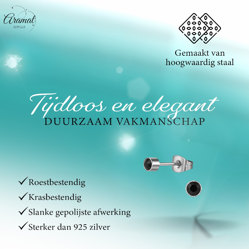 Zwarte kristal oorstekers – 4mm zilver RVS