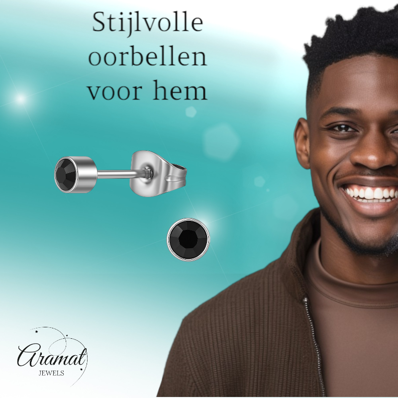 Zwarte kristal oorstekers – 4mm zilver RVS