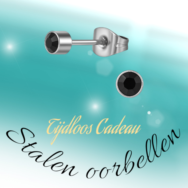 Zwarte kristal oorstekers – 4mm zilver RVS