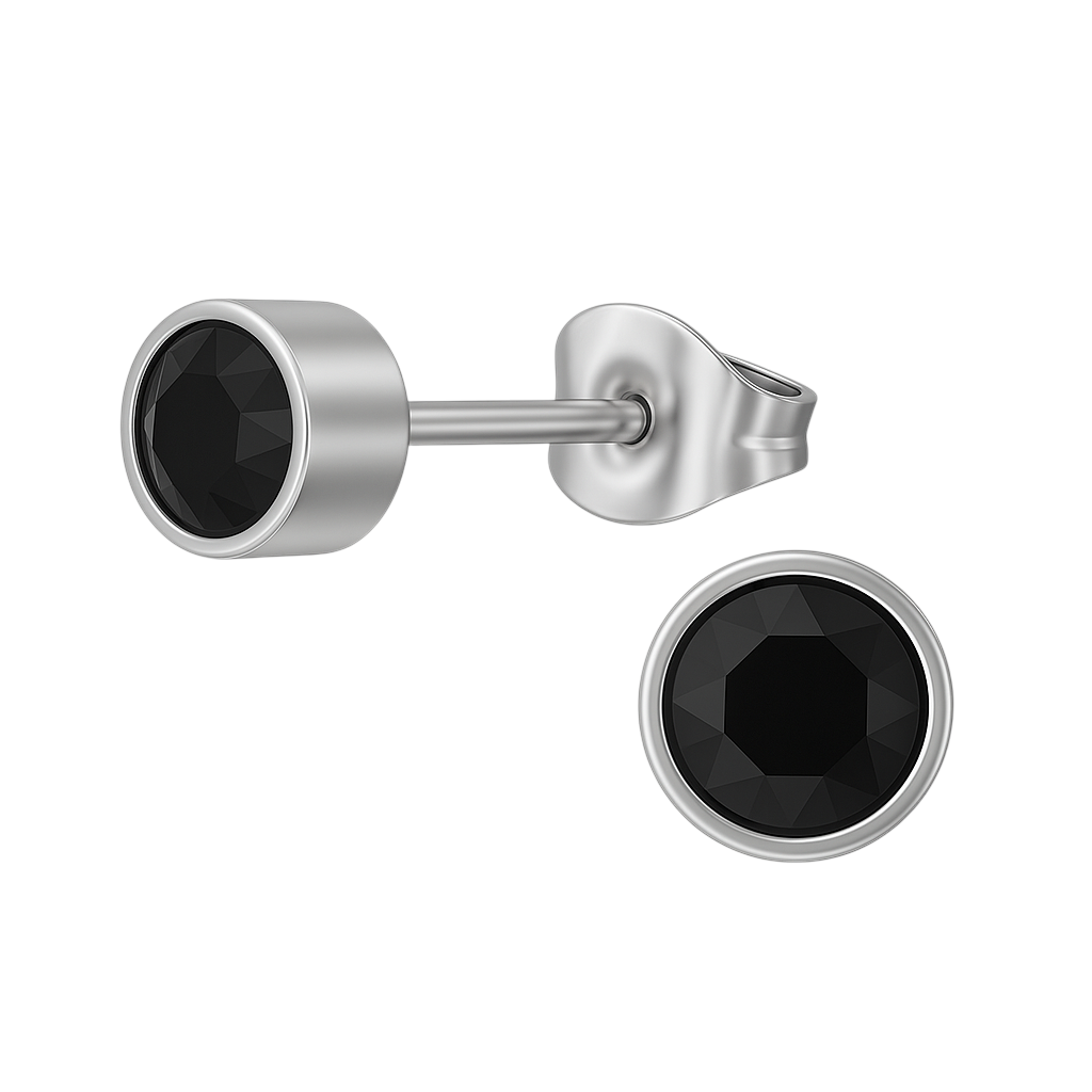 Zwarte kristal oorstekers – 5mm zilver RVS