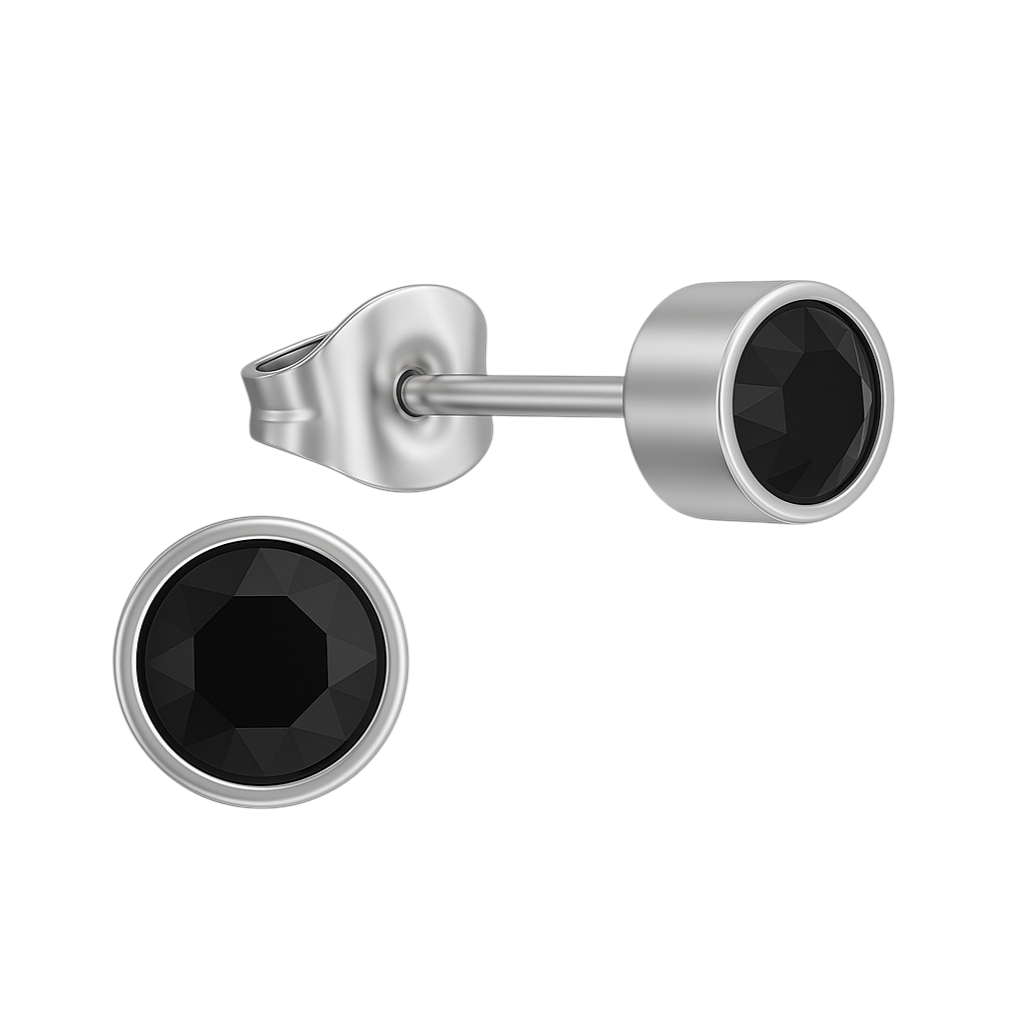 Zwarte kristal oorstekers – 5mm zilver RVS