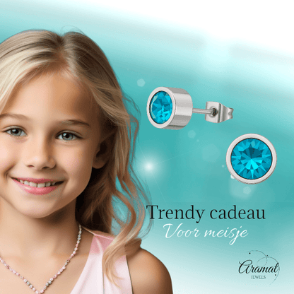 Aqua blauwe kristal oorstekers – 5mm zilver RVS - Aramat Jewels - Oorbellen - cadeautip