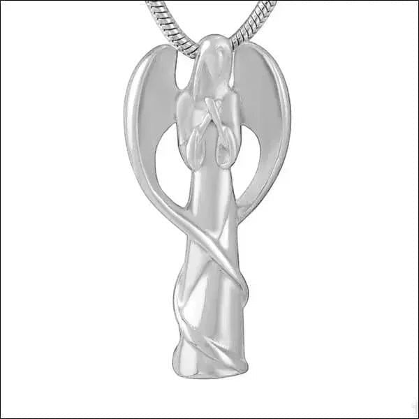 Aramat Jewels silver-colored stainless steel angel cremation pendant with wings, a symbol of protection and comfort.