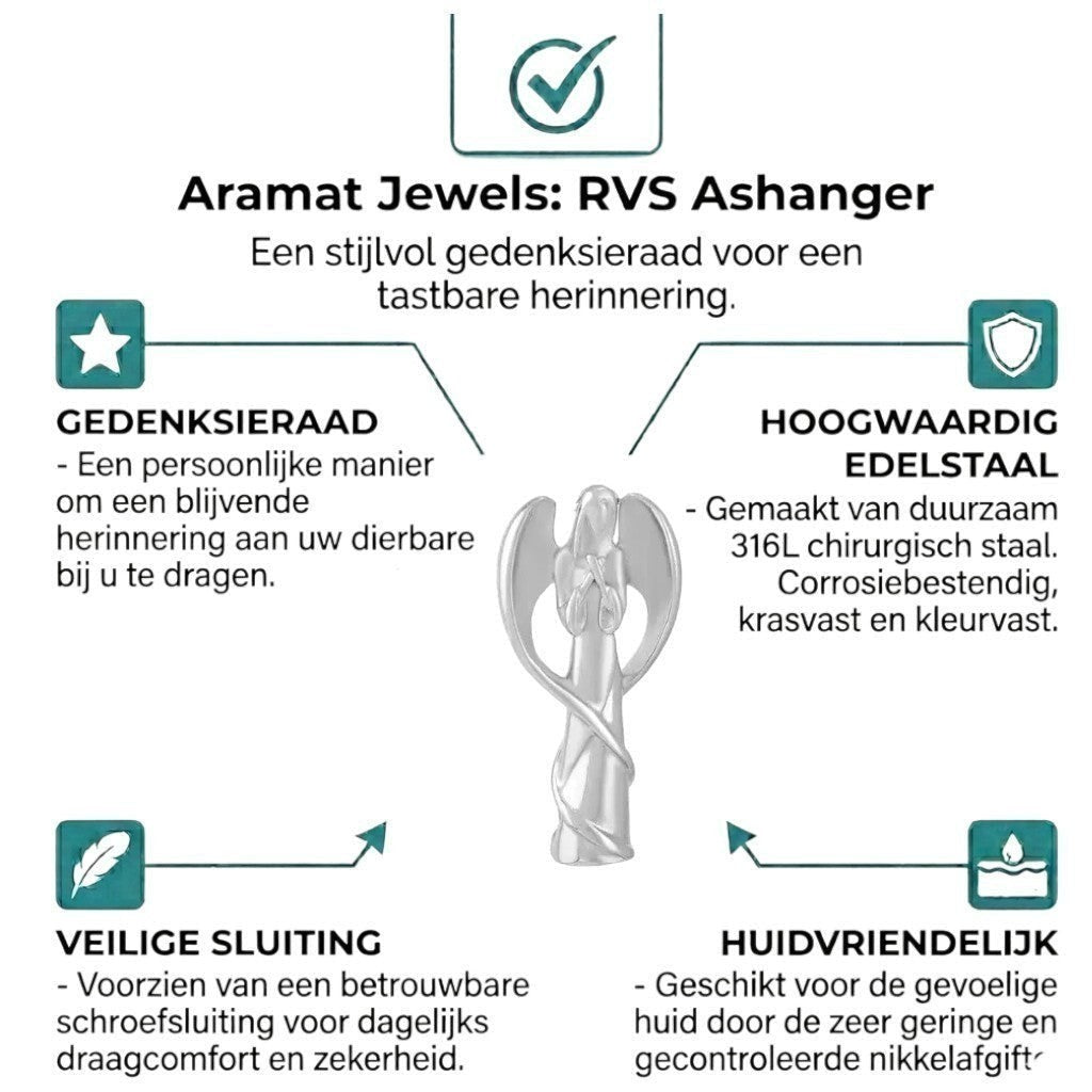 Aramat Jewels silver-colored stainless steel angel ash pendant, a comforting memorial jewelry with a secure screw closure.