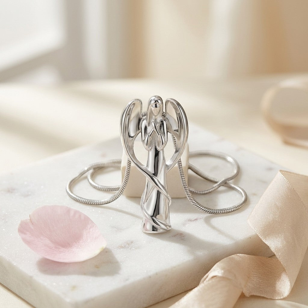 Aramat Jewels silver-colored stainless steel angel cremation pendant with a screw closure, symbolizing protection and comfort.