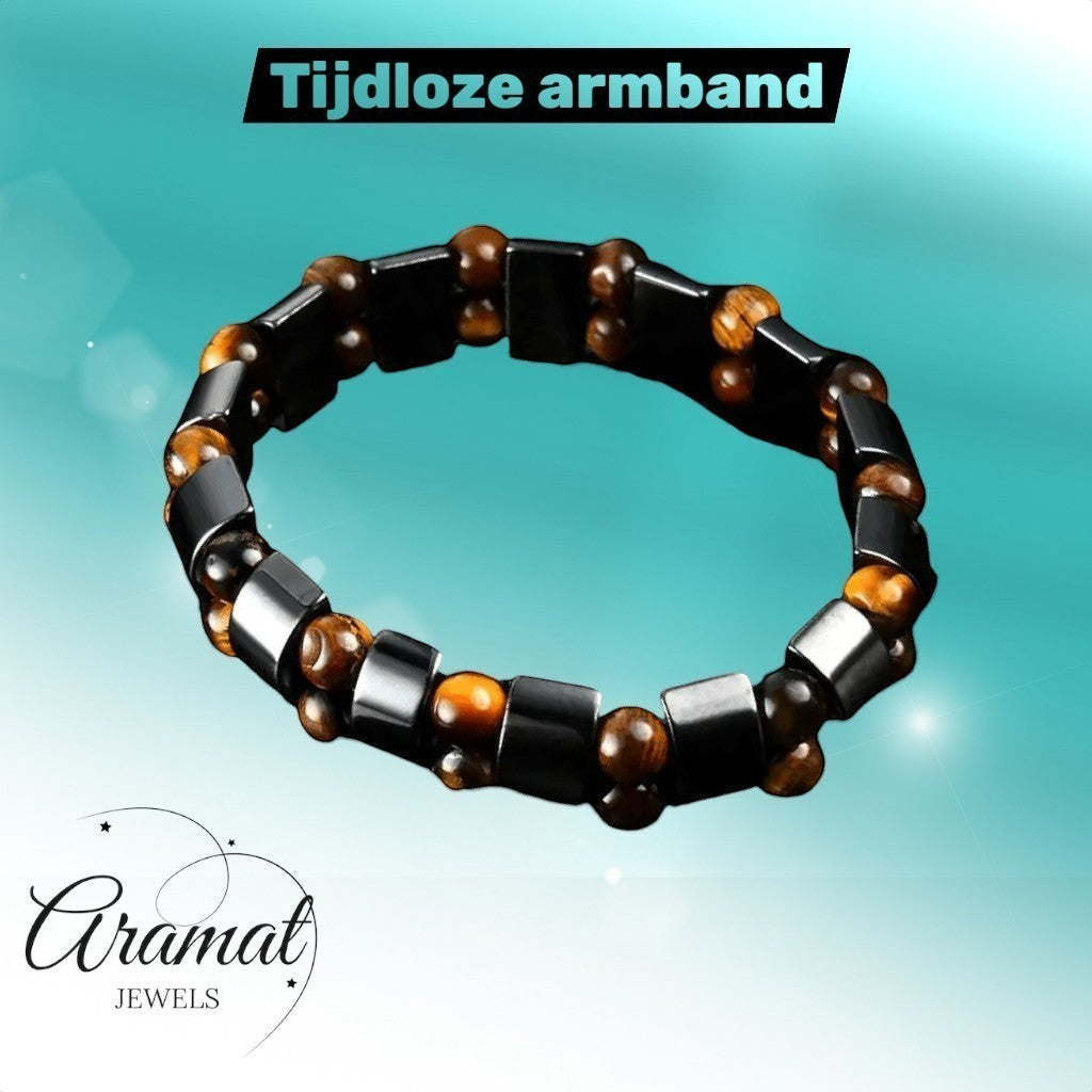 Aramat Jewels® verstelbare armband met ronde tijgeroog en rechthoekige hematiet stenen.