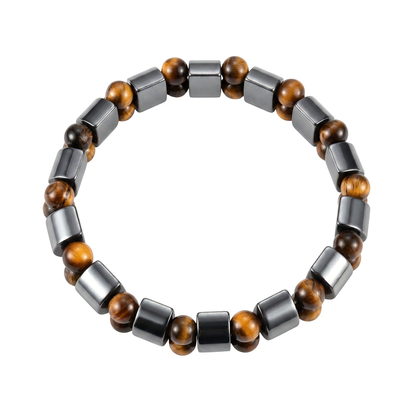Aramat Jewels® verstelbare unisex armband met ronde tijgeroog en rechthoekige hematiet stenen.
