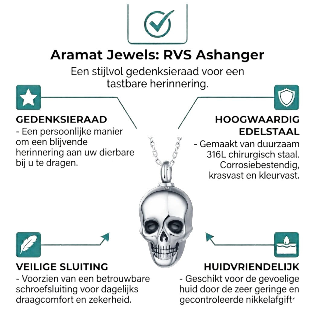 Aramat Jewels zilverkleurige RVS ashanger in de vorm van een doodshoofd, 30x20mm, met schroefsluiting.