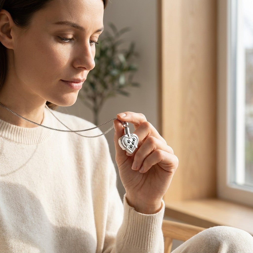 Aramat Jewels zilverkleurige hartvormige ashanger met pootafdrukken, voor huisdieren.