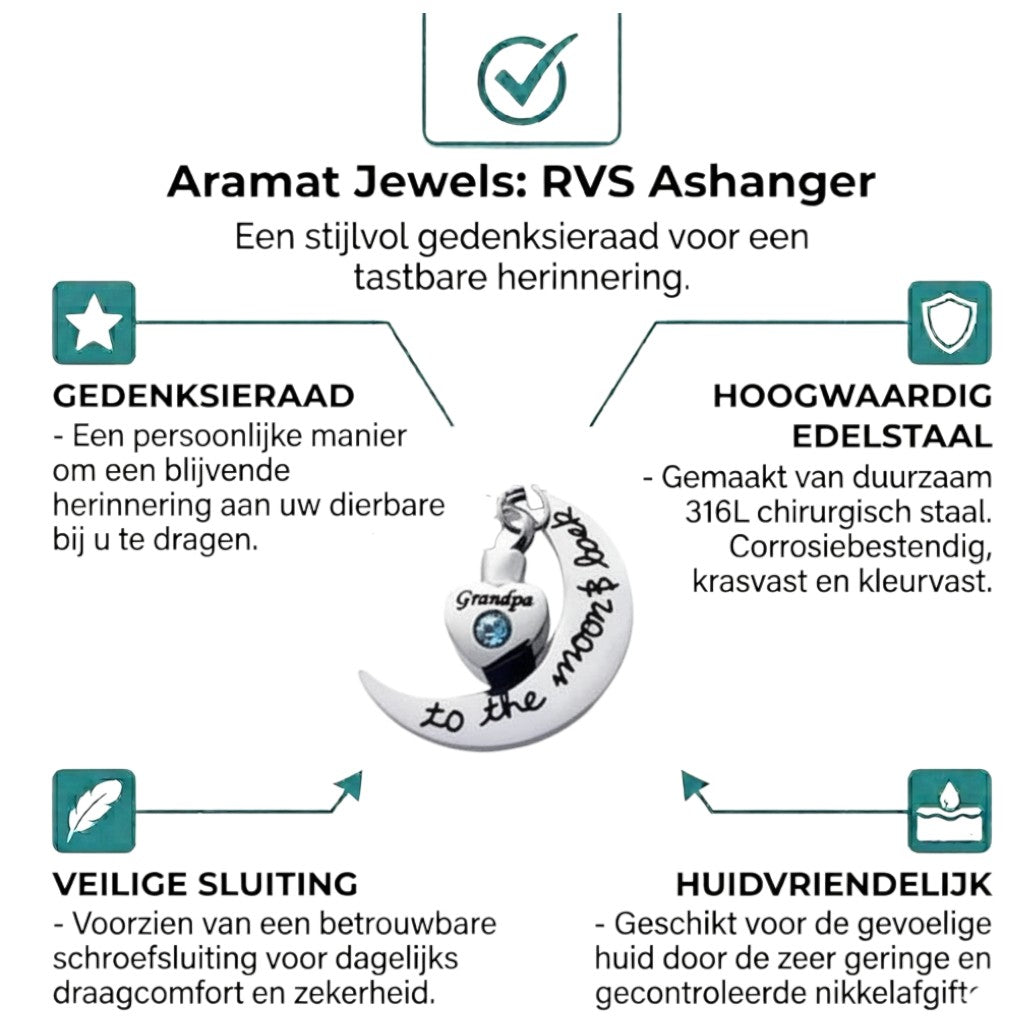 Aramat Jewels ashanger met de tekst 'Grandpa To The Moon and Back', een halve maan met een hartvormige urn en een blauwe zirkonia.