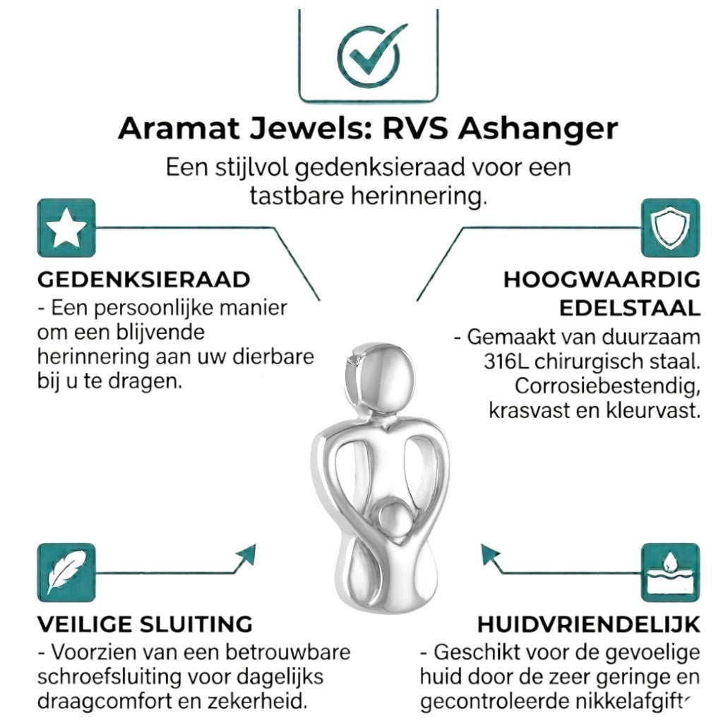 Aramat Jewels zilverkleurige RVS ashanger met abstracte ouder en kind figuur, 30mm x 17mm