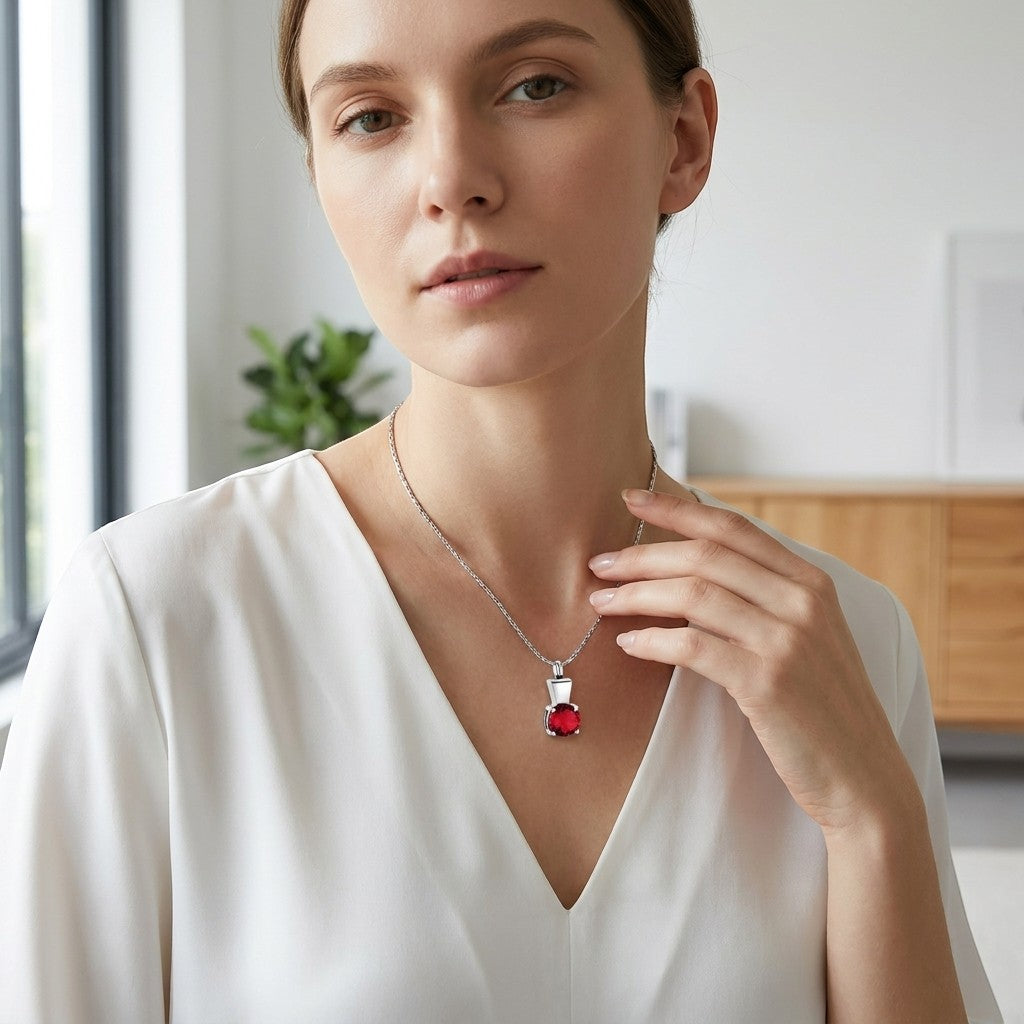 Aramat Jewels zilverkleurige RVS ashanger met rode zirkonia, 28x12mm, waterbestendig gedenksieraad.