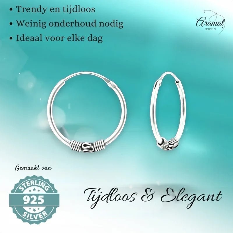 Aramat Jewels 18mm Bali oorringen van geoxideerd 925 sterling zilver met een boho festival design.