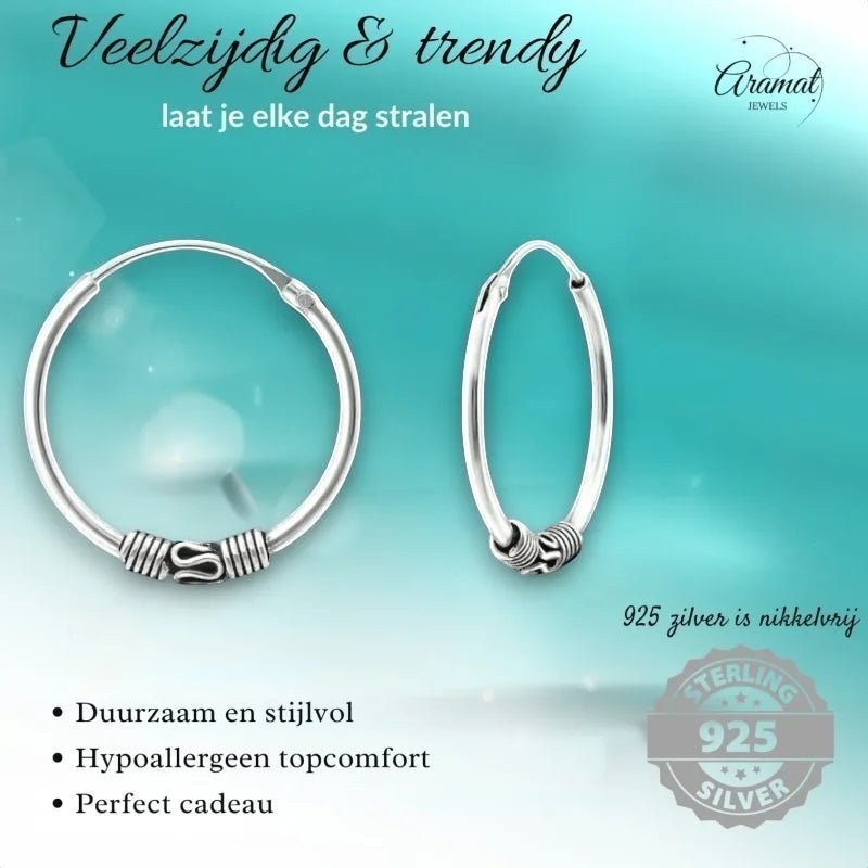 Aramat Jewels 18mm Bali oorringen van geoxideerd 925 sterling zilver met een boho festival design.