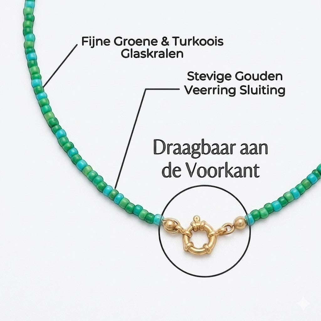 Aramat Jewels beaded necklace with blue and green Rocailles, gold clasp, 42cm length.