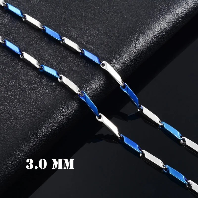 Aramat Jewels bicolor bamboo schakelketting van 60cm in blauw en zilverkleurig roestvrij staal met 3mm schakels.