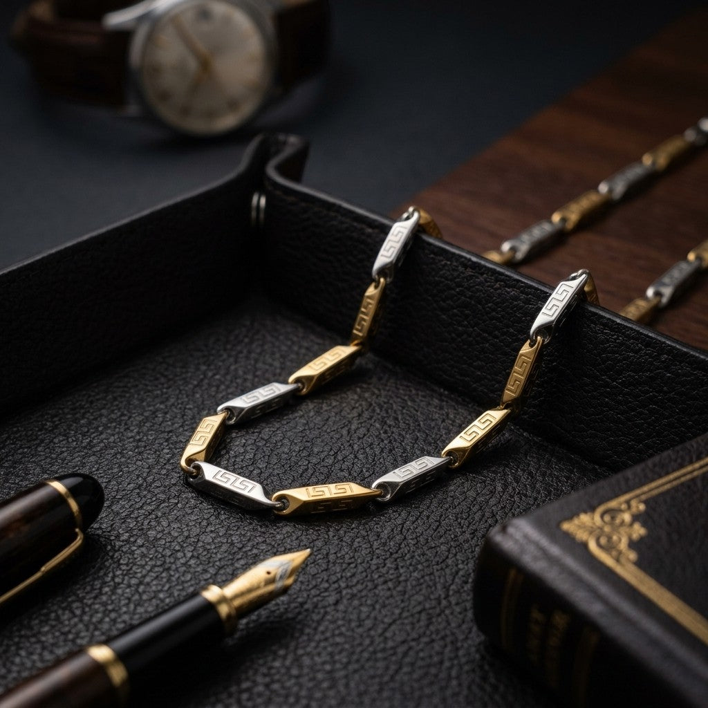 Aramat Jewels stalen bicolor bamboo ketting met Grieks motief op een zwarte lederen ondergrond met vulpen en horloge.