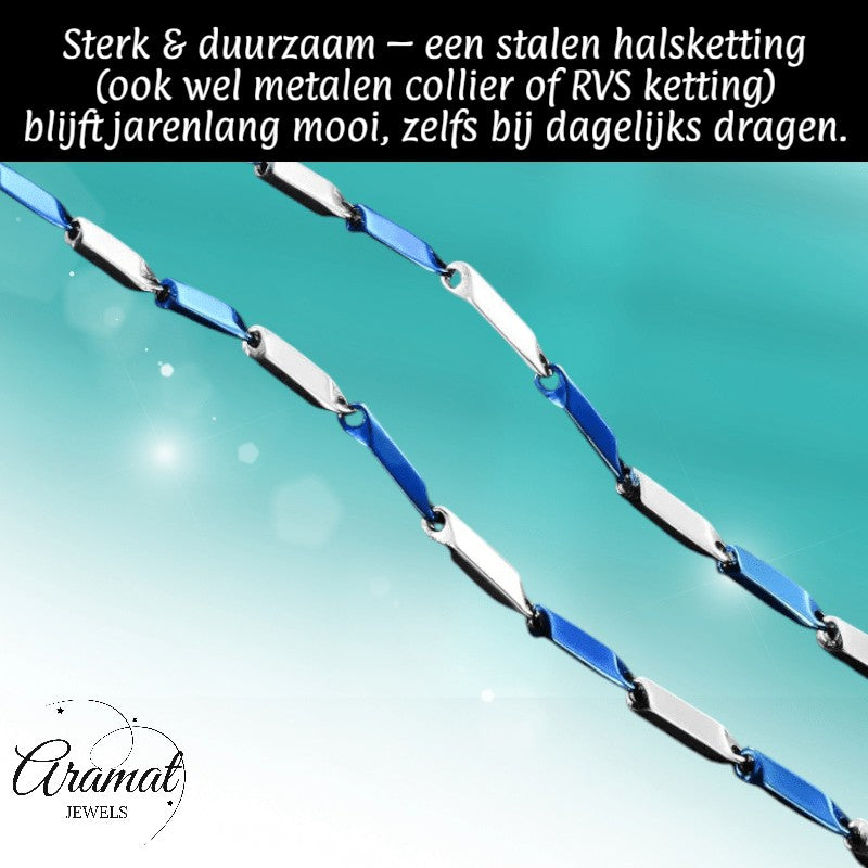 Aramat Jewels bicolor bamboo ketting van blauw en zilverkleurig RVS, 60cm lang en 3mm breed voor heren en dames.