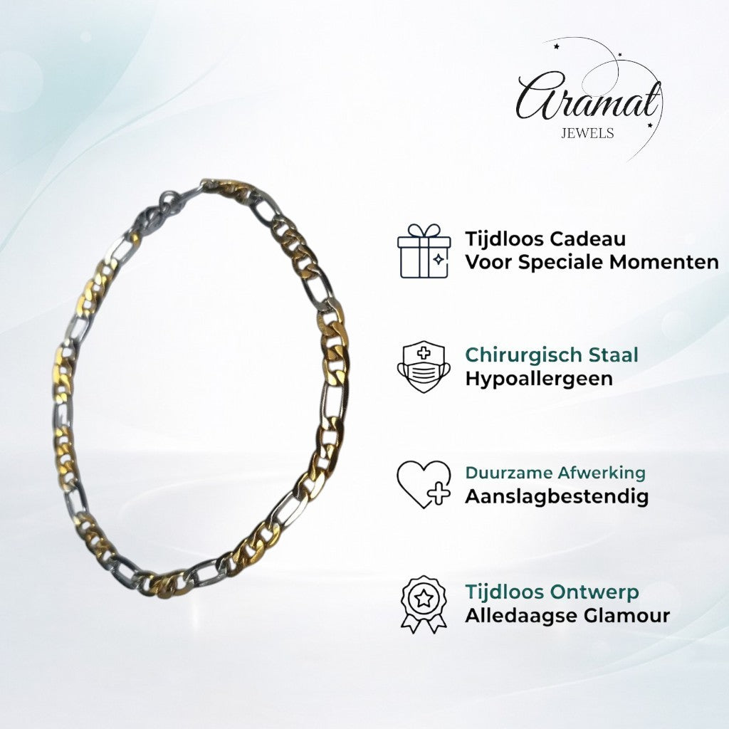 Aramat Jewels bicolor Figaro schakel armband van roestvrij staal, 4mm breed en 21cm lang.