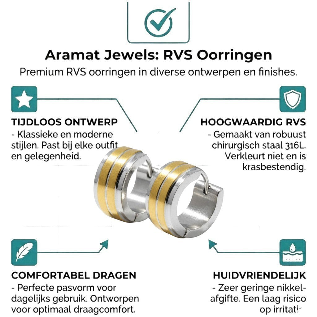 Aramat Jewels stainless steel huggie hoop earrings, 13mm, with a bicolor design featuring two gold-colored stripes.