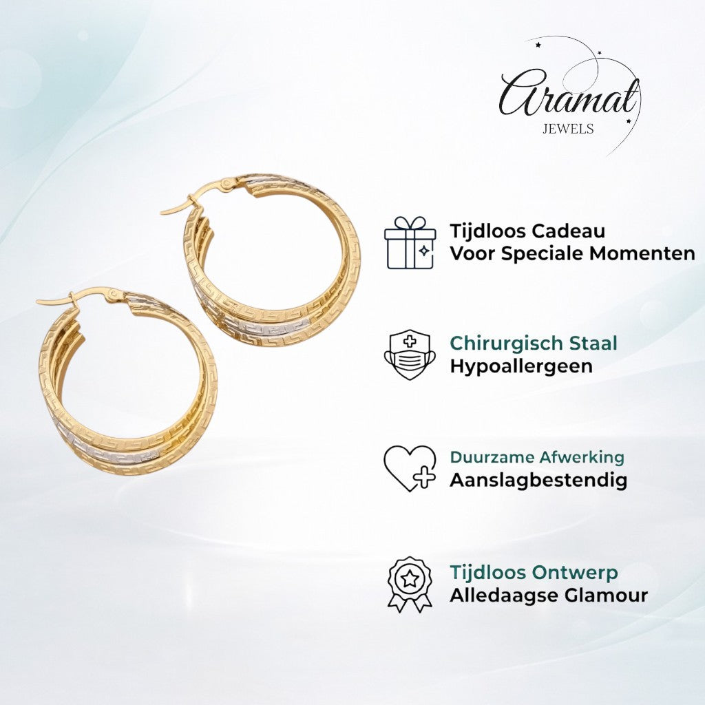 Aramat Jewels triple hoop earrings in bicolor stainless steel with a Greek key pattern, 35mm diameter.