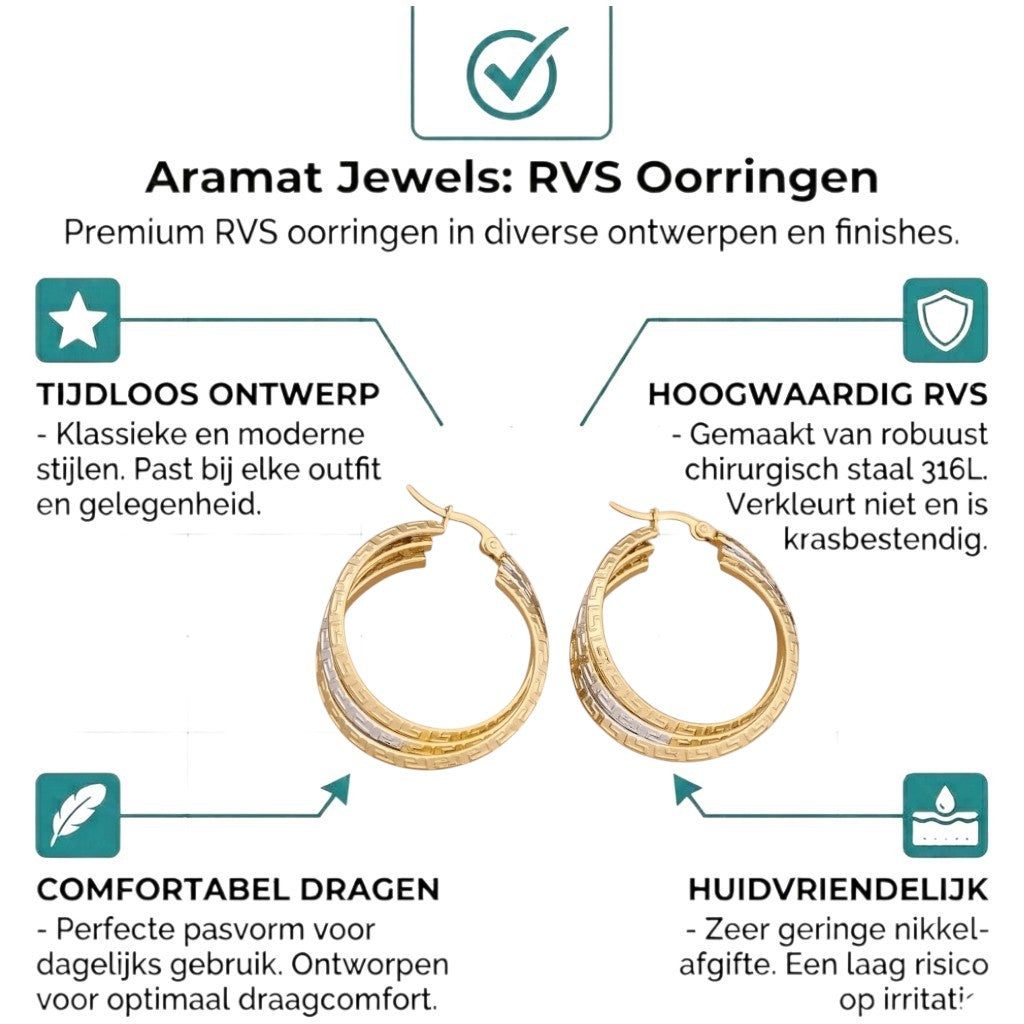 Aramat Jewels triple hoop earrings in bicolor stainless steel with a Greek key pattern, 35mm diameter.