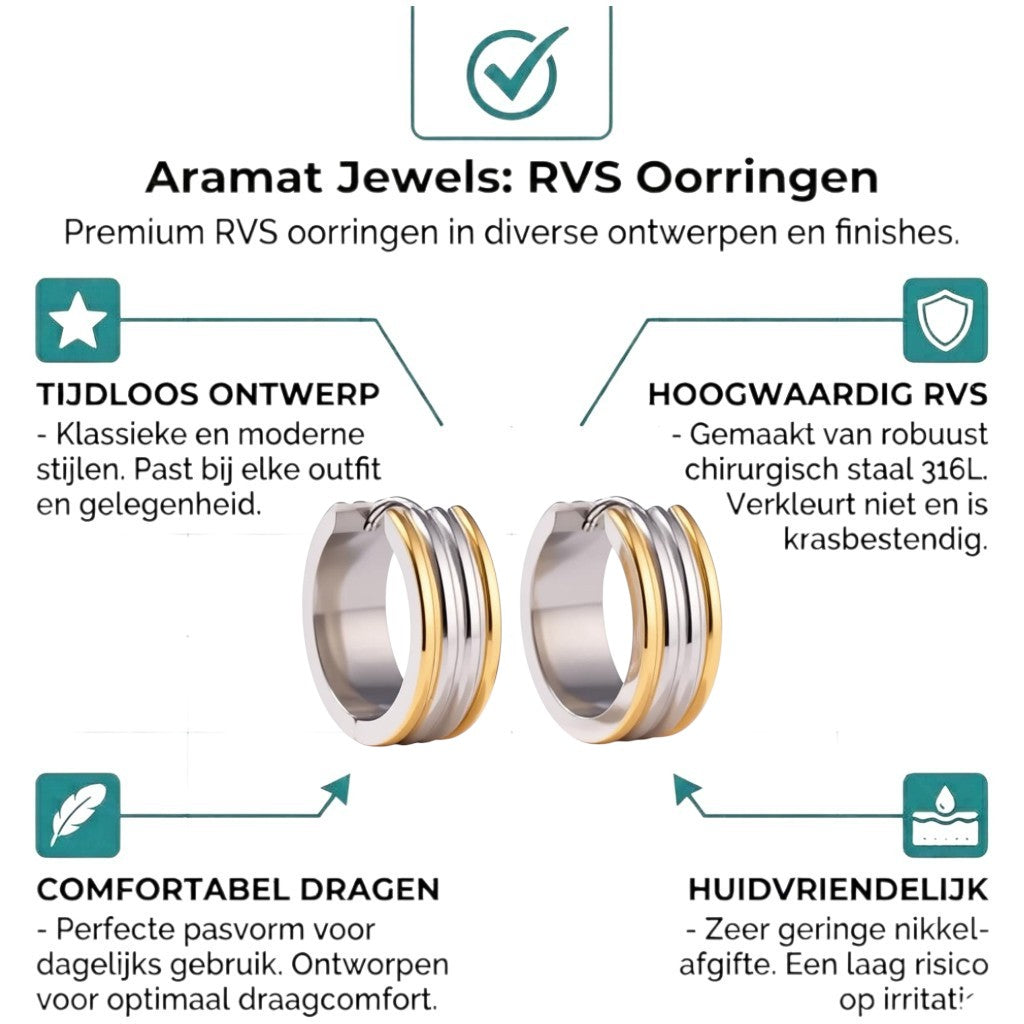 Aramat Jewels bicolor stainless steel hoop earrings with three stripes, 20mm diameter, gold and silver tones.