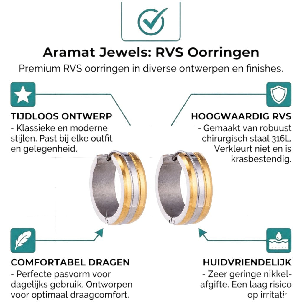 Aramat Jewels stainless steel bicolor hoop earrings with gold and silver stripes, 20mm diameter.