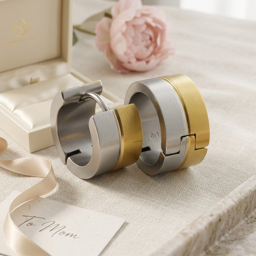 Aramat Jewels bicolor stainless steel hoop earrings with gold and silver stripes, 13mm diameter.