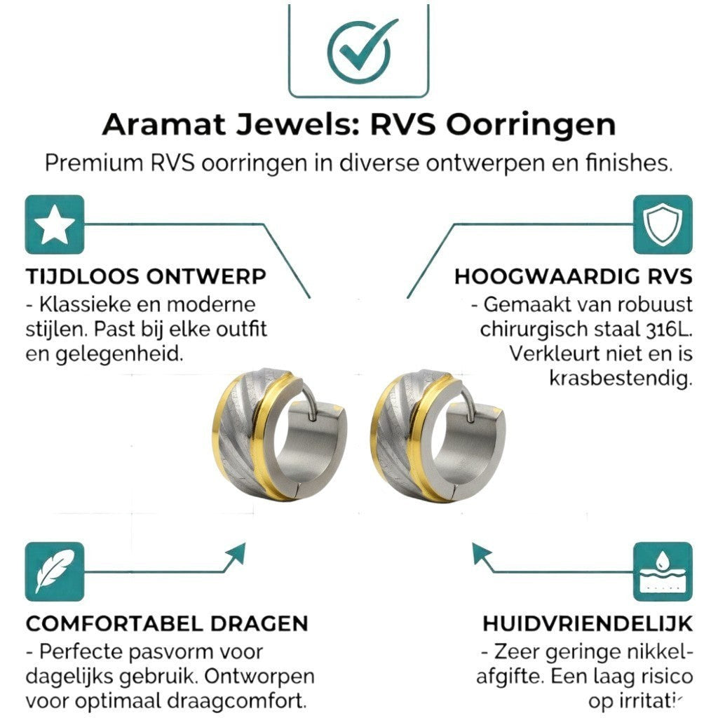Aramat Jewels huggie hoop earrings in bicolor gold and silver stainless steel with a textured, diamond-cut design.